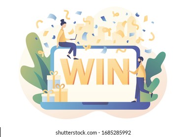 WIN text on laptop screen. You Win Concept. Congrats winner on falling down confetti background. Modern flat cartoon style. Vector illustration on white background