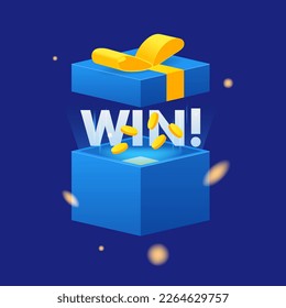 WIN text. Open blue box with confetti explosion inside and golden coins and win word. Flying particles from giftbox vector illustration on blue background.