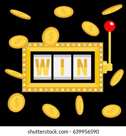 Win text. Slot machine. Golden flying money coin rain. Glowing lamp light. Red handle lever. Online casino, gambling club sign symbol. Flat design. Black background. Isolated. Vector illustration