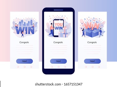 WIN text. You Win Concept. Congrats winner on falling down confetti background. Screen template for mobile smart phone. Modern flat cartoon style. Vector illustration