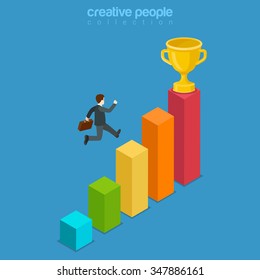 Win trophy success movement through obstacle flat 3d isometry isometric business concept web vector illustration. Man jump over chart bar graphic reach achieve cup sign. Creative people collection.