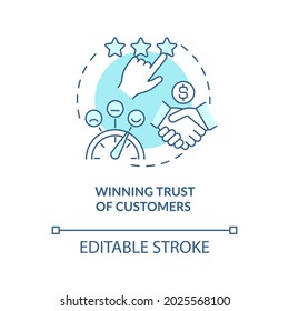 Win trust of customers blue concept icon. Client loyalty to company. Successful business. Startup launch abstract idea thin line illustration. Vector isolated outline color drawing. Editable stroke