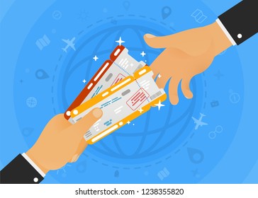 Win two airline tickets on vacation with infographic around and globe on blue background. Two flat hands business vector illustration. Booking office for the sale of ticket