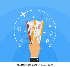 Win Two Plane Tickets On Vacation. Hand Holding Two Airline Tickets With Infographic Around And Globe On Blue Background . Booking Office For The Sale Of Ticket Vector Illustration. 