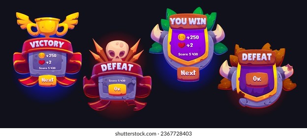 Win ui game icon, victory cartoon button design. Gold banner badge with awadt and fail concept with skull. Mobile popup label for complete and defeat level. 2d horn screen frame isolated set for app