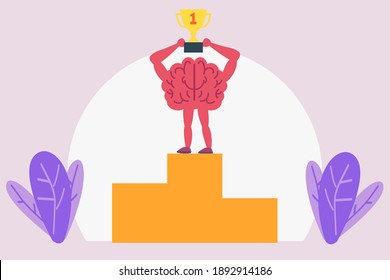 Win vector concept: Brain holding winner cup while standing on the podium