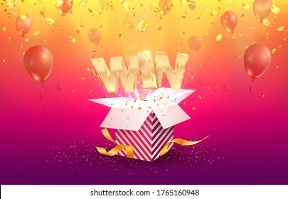 Win vector illustration. Gambling advertising banner. Open textured gift box with confetti explosion out off and falling down coins. Giftbox on bright background. 