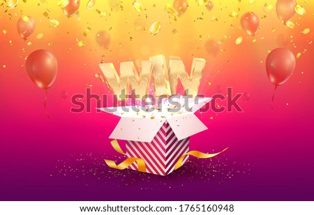 Win vector illustration. Gambling advertising banner. Open textured gift box with confetti explosion out off and falling down coins. Giftbox on bright background. 