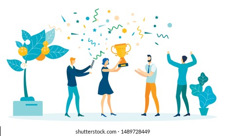 Win, Victory Celebration Flat Vector Illustration. Happy Young Coworkers Cartoon Characters. Business Success Achievement, Leadership. Winner Congratulations, Lady Holding Trophy, Prize handling