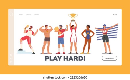 Win, Victory Landing Page Template. Sportsmen and Sportswomen Champions with Medals and Flag. Young Happy Characters Holding Golden Trophy in Hands, Winners. Cartoon People Vector Illustration