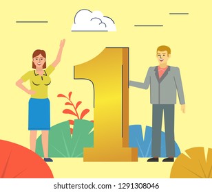 Win, winner, take first place. Man and woman stand near big number one. Poster for social media, web page, banner, presentation. Flat design vector illustration