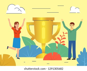 Win, winner, victory celebration concept. Man and woman, team standing near big golden cup. Poster for social media, web page, banner, presentation. Flat design vector illustration