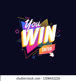 Win Word On Bright Triangles Background 90s Retro Style Design Element. Winner Vector Illustration Memphis Style