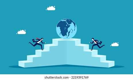 Win the world economy. Businessmen run up the stairs to take over the world