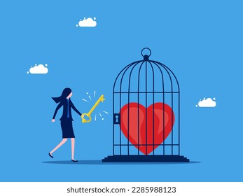Win your own heart. Be willing to open your business mind. Businesswoman uses a key to unlock a heart in a cage