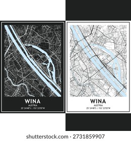 Conjunto de vetores do mapa da cidade de Wina, pacote de roteiro urbano minimalista escuro e claro com grade de rua escalável, rodovias e layout de planejamento