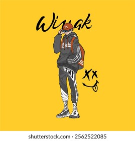 winak stand anime boy t-shirt graphic design vector illustration 