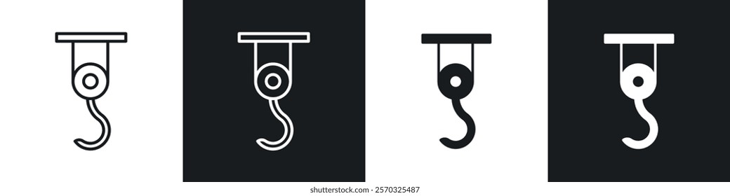 Winch hook icons vectors set in black. line and flat versions