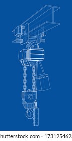 Kontur des Winden- oder Hubmaschinenkonzepts. Vektorrendering von 3d. Drahtformat. Die Ebenen der sichtbaren und unsichtbaren Linien sind getrennt