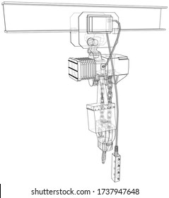Winch or lifting machine concept outline. Vector rendering of 3d. Wire-frame style. The layers of visible and invisible lines are separated
