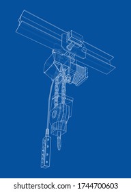 Kontur des Winden- oder Hubmaschinenkonzepts. Vektorrendering von 3d. Drahtformat. Die Ebenen der sichtbaren und unsichtbaren Linien sind getrennt