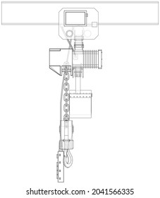 Winch or lifting machine concept outline. Vector rendering of 3d. Wire-frame style. The layers of visible and invisible lines are separated. Orthography or isometric