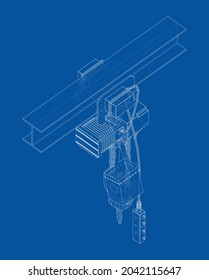 Esquema del concepto de la máquina de enrollar o de enrollar. Representación vectorial de 3d. Estilo de marco de cables. Las capas de líneas visibles e invisibles están separadas. Ortografía o isométrica