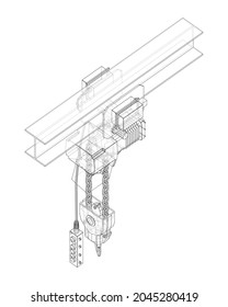 Winch or lifting machine concept outline. Vector rendering of 3d. Wire-frame style. The layers of visible and invisible lines are separated. Orthography or isometric