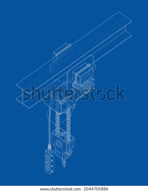 Winch or lifting
machine concept outline. Vector rendering of 3d. Wire-frame style.
The layers of visible and invisible lines are separated.
Orthography or isometric