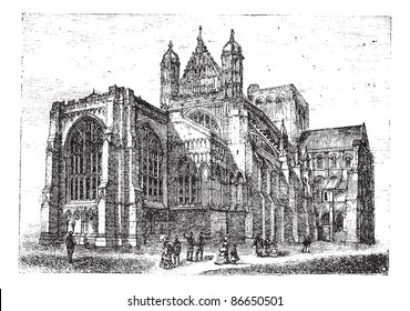 Catedral de Winchester en Winchester, Hampshire, Inglaterra, durante los años 1890, grabado vintage. Ilustración grabada de la Catedral de Winchester con gente mirando la enciclopedia Trousset 1886 - 1891