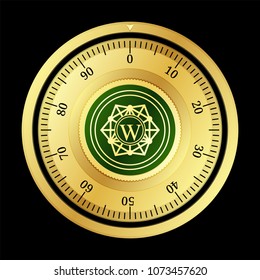 WINCOIN (WC) cryptocurrency safe lock. Eps10 vector illustration isolated on black background.