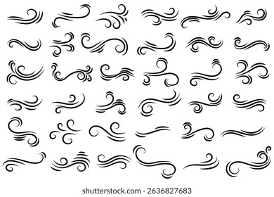 Wind air black  line effect in doodle style. Hand drawn swirl speed waves, air flow, stormy winds and curve smoke. Set of motion of hurricanes, autumn gusts, and summer breezes, vector illustration.
