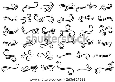 Wind air black  line effect in doodle style. Hand drawn swirl speed waves, air flow, stormy winds and curve smoke. Set of motion of hurricanes, autumn gusts, and summer breezes, vector illustration.