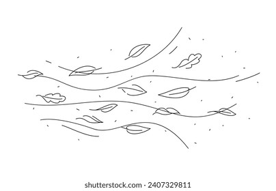 Wind air and doodle leaves motion. Leaves falling season hand drawn print, wind blowing line background or autumn windy weather linear vector backdrop. Air flow wave doodle monochrome outline pattern