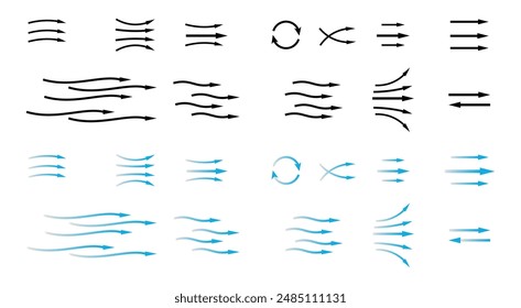 Flechas de flujo de aire o viento establecidas. Dirección del aire acondicionado. Aislado sobre fondo transparente.