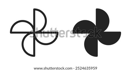 Wind air fun propeller and also paper windmill black isolated illustration set. Vector icons in flat style