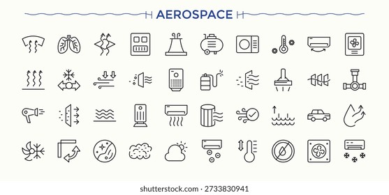 Wind And Air icon set. Contains such icons as breeze, condition, dryer, cooling, windy, air. Climate line icon set. Minimal icons pack. Editable vector art.
