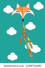 Cometa de aire eólico de forma de zorro lindo. Diseño de juguetes de papel flotante para niños, objeto de entretenimiento con cola de acorde, ilustración plana vectorial aislada en fondo blanco.
