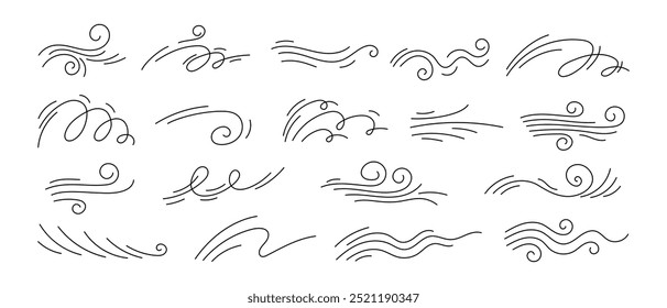 Efeito de linha de ar de vento em estilo doodle. Ondas de velocidade de rotação desenhadas à mão, fluxo de ar, ventos tempestuosos e fumaça de curva. Conjunto de movimento de furacões, rajadas de outono e brisas de verão, ilustração vetorial.