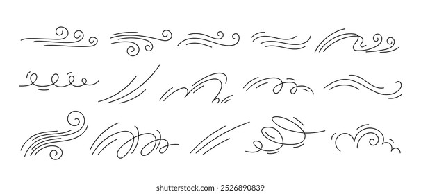 Efecto de línea de aire de viento en estilo doodle. Ondas de velocidad de remolino dibujadas a mano, flujo de aire, vientos tormentosos y humo de curva. Conjunto de movimiento de huracanes, ráfagas de otoño y brisas de verano, Ilustración vectorial.