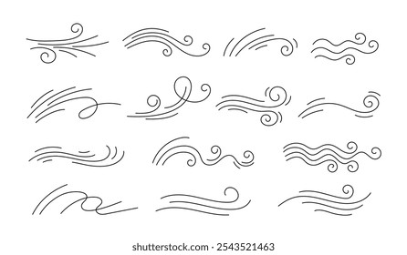 Efeito de linha de ar de vento em estilo doodle. Ondas de velocidade de rotação desenhadas à mão, fluxo de ar, ventos tempestuosos e fumaça de curva. Conjunto de movimento de furacões, rajadas de outono e brisas de verão, ilustração vetorial.