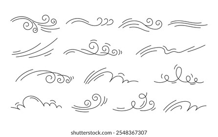 Efeito de linha de ar de vento em estilo doodle. Ondas de velocidade de rotação desenhadas à mão, fluxo de ar, ventos tempestuosos e fumaça de curva. Conjunto de movimento de furacões, rajadas de outono e brisas de verão, ilustração vetorial.