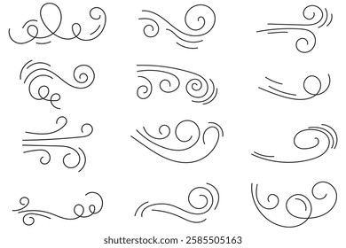 Wind air line effect in doodle style. Hand drawn swirl speed waves, air flow, stormy winds and curve smoke. Set of motion of hurricanes, autumn gusts, and summer breezes . 1176