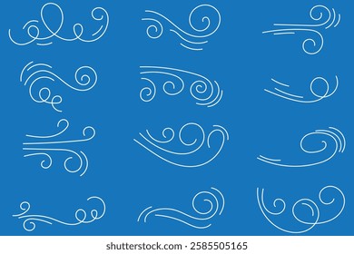 Wind air line effect in doodle style. Hand drawn swirl speed waves, air flow, stormy winds and curve smoke. Set of motion of hurricanes, autumn gusts, and summer breezes . 1176