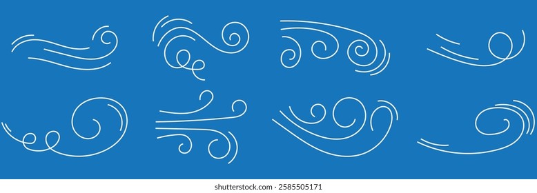 Wind air line effect in doodle style. Hand drawn swirl speed waves, air flow, stormy winds and curve smoke. Set of motion of hurricanes, autumn gusts, and summer breezes . 1176