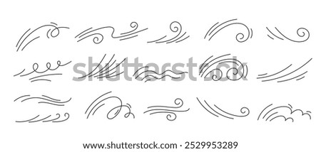 Wind air line effect in doodle style. Hand drawn swirl speed waves, air flow, stormy winds and curve smoke. Set of motion of hurricanes, autumn gusts, and summer breezes, vector illustration.