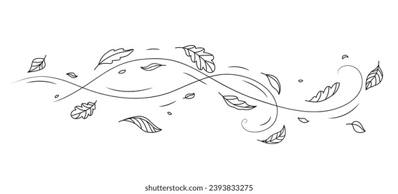 Movimiento del aire del viento y hoja de doodle aislados en escurrimiento vectorial aislado. La mano dibujada caprichosamente deja la pirueta en la brisa, baila en la suave caricia del movimiento del aire juguetón. Sinfonía serena del arte de la naturaleza