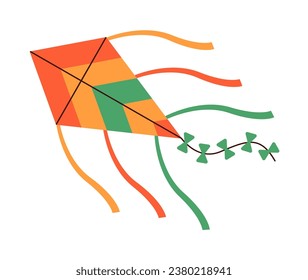 Wind air paper kite toy, flying tethered object with wings of diamond shape design. Kids summer entertainment.