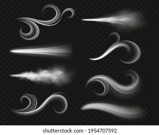 Wind air streams. Realistic storm waves, abstract dry smoke flow, visible curls and tufts, spreading cloudy breath, dynamic forms, physical weather processes vector isolated set