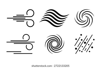 Ícones de vento e fluxo de ar definidos - linhas de rajada, brisa ondulada espiral vórtice partículas de poeira, linhas de velocidade - vetor preto